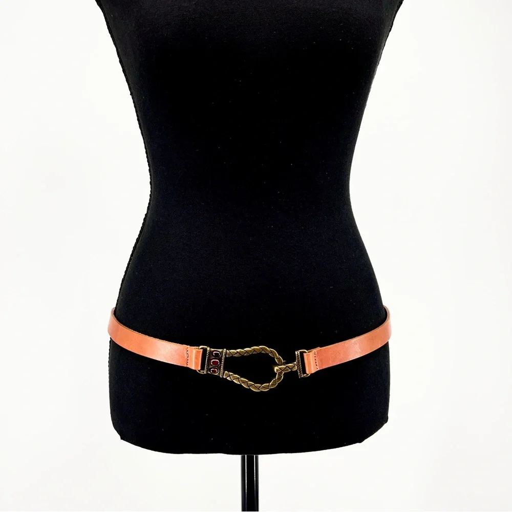 Chicos Italian Leather Brass Tone Waist Belt Size S/M Adjustable Hook Gemstones